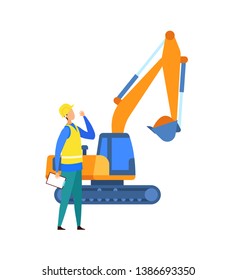 Excavation, Construction Site Vector Illustration. Man in Yellow Vest Holding Clipboard Cartoon Character. Foreman in Helmet Giving Orders. Building Industry. Industrial Machinery, Excavator