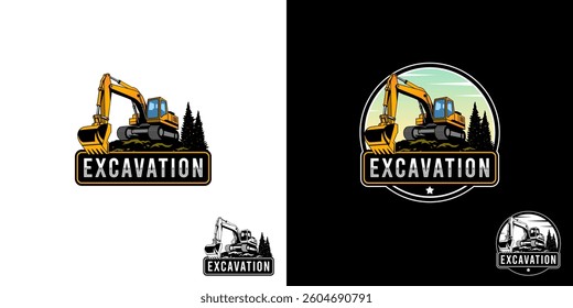 Excavation emblem logo featuring an excavator and a sunset.