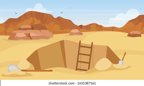 Excavation flat vector illustration. Archaeological site, search for artifacts. Digging with shovels. Egyptian desert exploration. Miner hole in Africa. Expedition cartoon background