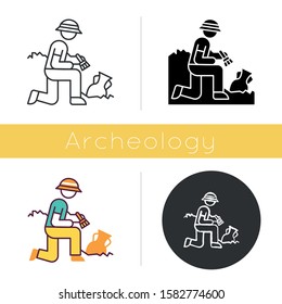 Excavation Icon. Archeologist. Researcher. Ancient Culture. Artifact In Ground. Man Search Old Treasures. Historian Discover Vase. Flat Design, Linear And Color Styles. Isolated Vector Illustrations