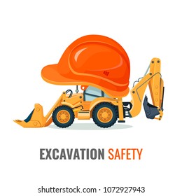 Excavation safety promo poster with excavator in helmet
