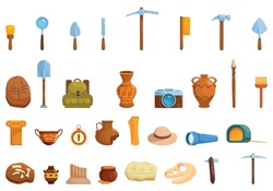 Excavation Tools Icons Set Cartoon Vector. Ancient Artifacts. Treasures Inventory