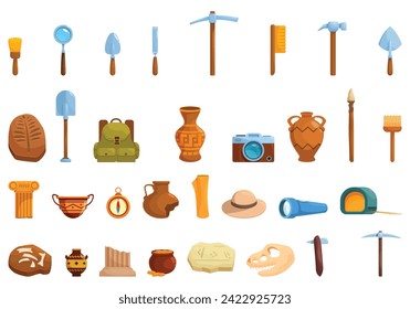 Excavation tools icons set cartoon vector. Ancient artifacts. Treasures inventory