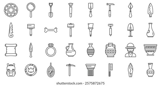 Excavation tools icons set. Essential tools and artifacts used in archaeological excavations, uncovering ancient civilizations and historical treasures