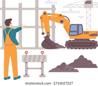 Grabungsarbeiten während der Bauentwicklung Konzept, Erdbewegung und Struktur-Rahmen in Progress Vektordesign, Bauarbeiter Banner, Skilled Labor Szene, Bauingenieurwesen Stockgrafik