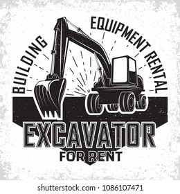 Excavation work logo design, emblem of excavator or building machine rental organisation print stamps, constructing equipment, Heavy excavator machine with shovel typographyv emblem, Vector