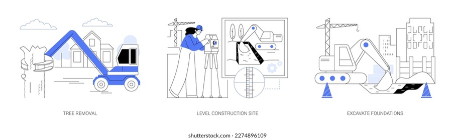 Trabajos de excavación en el conjunto de ilustraciones vectoriales conceptuales abstractas del sitio de construcción. Remoción de árboles, construcción de niveles, excavadora excavadora la base para construir una nueva metáfora abstracta de la casa.