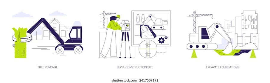 Excavation works at construction site abstract concept vector illustration set. Tree removal, level construction site, bulldozer excavates the foundation for building new house abstract metaphor.