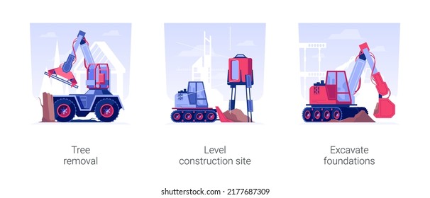 Excavation Works At Construction Site Isolated Concept Vector Illustration Set. Tree Removal, Level Construction Site, Bulldozer Excavates The Foundation For Building New House Vector Cartoon.