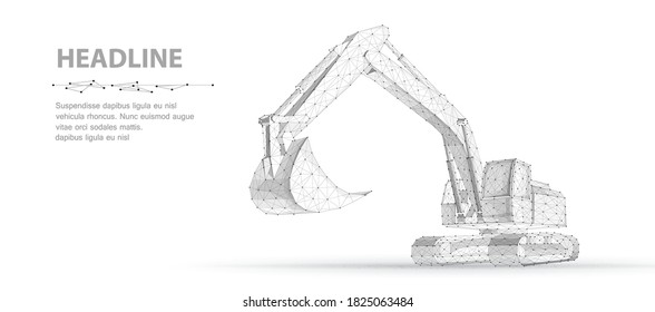 Excavator. Abstract polygonal wireframe vector 3d excavator isolated on white background. Construction, building, heavy machine, industrial machinery, mining concept illustration