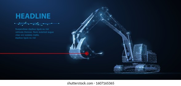 Excavator. Abstract vector 3d excavator isolated on blue background. Construction, building, heavy machine, industrial machinery, mining concept illustration