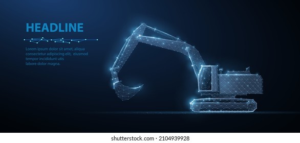 Excavator. Abstract vector 3d excavator isolated on blue background. Construction, building, heavy machine, industrial machinery, mining concept illustration. Side view.