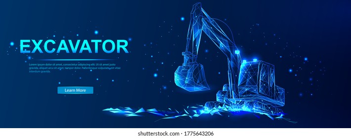 Excavator. Abstract vector in futuristic polygonal style with wireframe, lowpoly triangles on a blue background with stars. Soil development and loading of bulk materials. Vector illustration