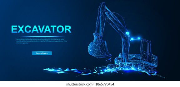 Excavator. Abstract vector in futuristic polygonal style with wireframe, lowpoly triangles on a blue background with stars. Soil development and loading of bulk materials. Vector illustration