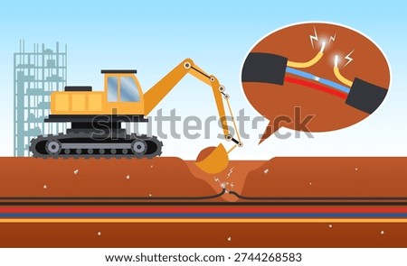 The excavator accidentally damaged the underground cable until broke vector illustration, Cutting Underground Power Cable During Construction Project