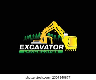 Excavator Backhoe with Black Background Land Mowing Logo Design Template