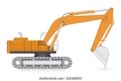 Excavator or backhoe isolated on white background. Heavy machine equipment or digger vehicle with crawler, bucket or shovel for soil dig, scoop, clearing and demolition in construction site, mining.

