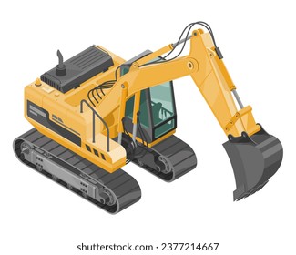 excavadora retroexcavadora isométrica Vehículo de construcción máquina pesada amarilla maquinaria de trabajo cartográfico vector