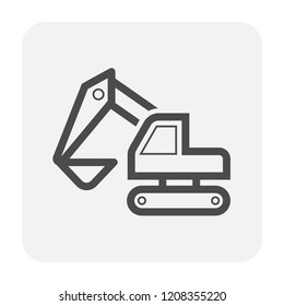 Excavator or backhoe vector icon. Heavy machine equipment or digger vehicle consist of hydraulic, crawler, bucket or shovel for soil dig, clearing and demolition in building construction site, mining.