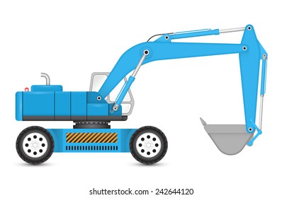 Excavator or backhoe vector illustration isolated on white background. Heavy machine equipment or digger vehicle with crawler, bucket or shovel for soil dig, clearing in construction site, mining.
