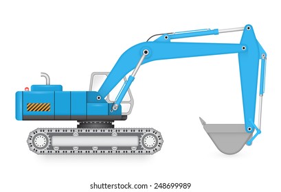 Excavator or backhoe vector illustration isolated on white background. Heavy machine equipment or digger vehicle with crawler, bucket or shovel for soil dig, clearing in construction site and mining.