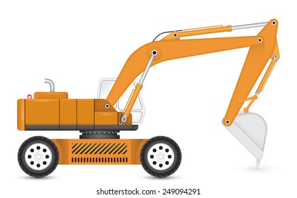 Excavator or backhoe vector illustration isolated on white background. Heavy machine equipment or digger vehicle with crawler, bucket or shovel for soil dig, clearing in construction site, mining.

