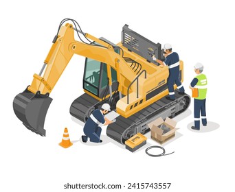 excavator backhole repair isometric Construction machine engineer maintenance team work service training concept