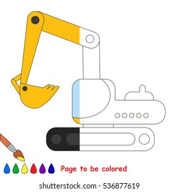 Excavator to be colored, the coloring book to educate preschool kids with easy kid educational games and primary education of simple game level, colorless half of picture to be colored by sample half.