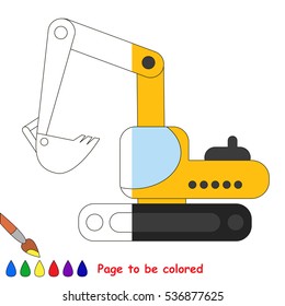 Excavator to be colored, the coloring book to educate preschool kids with easy kid educational games and primary education of simple game level, colorless half of picture to be colored by sample half.