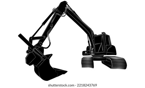 Excavator black silhouette in perspective isolated. Vector design element.