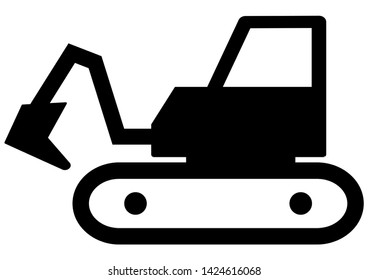 Excavator, black silhouette of road vehicle , black and white illustration, vector icon. Icon for field work.