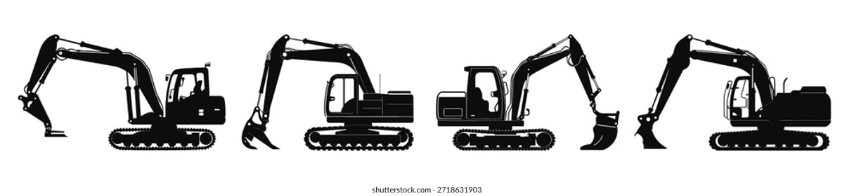 Excavadora Conjunto de Vector de silueta negra Excavadora compacta 