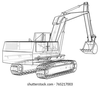Excavator. Black and white illustration. EPS10 format. Vector created of 3d