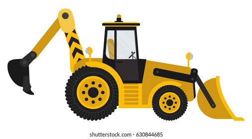 Excavator with a blade. Vector illustration, a flat style design. Isolated on a white background.