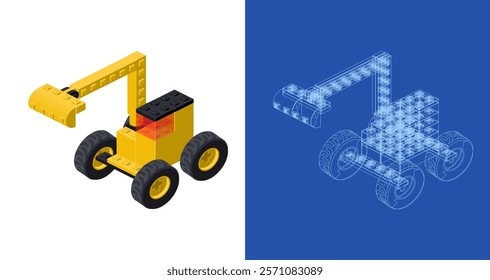Excavator blueprint project idea and implementation. Vector