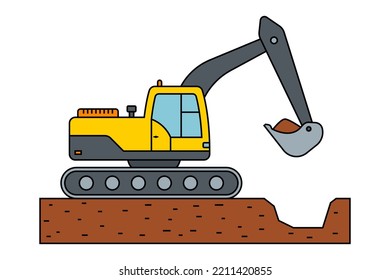 excavator with bucket digs a hole for construction work. flat vector illustration.