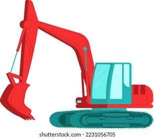 Excavator with bucket, professional construction vehicle equipment, land work flat vector illustration, isolated on white.