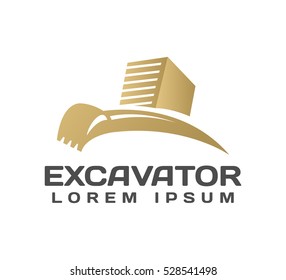 Excavator with Building Vector Logo Concept. Excavator logo. Excavator isolated. Digger, construction, backhoe, construction business icon. Construction equipment design elements.