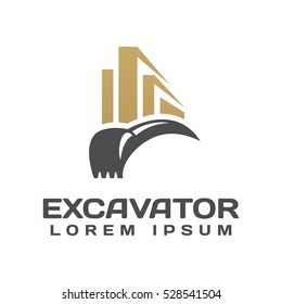 Excavator With Building Vector Logo Template. Excavator Logo. Excavator Isolated. Digger, Construction, Backhoe, Construction Business Icon. Construction Equipment Design Elements.