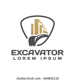 Excavator With Buildings Vector Logo Template. Excavator Logo. Excavator Isolated. Digger, Construction, Backhoe, Construction Business Icon. Construction Equipment Design Elements.