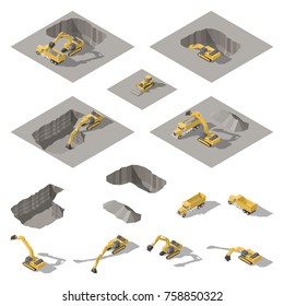 Excavator and bulldozer digs a pit on the construction site isometric icon set vector graphic illustration