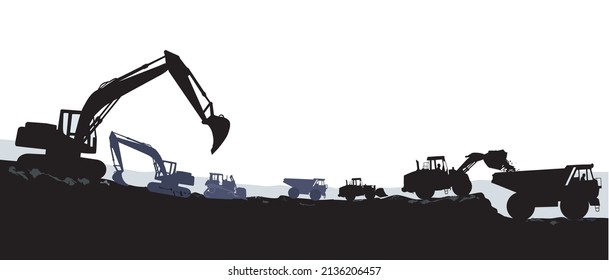 Excavator and bulldozer at earthwork illustration