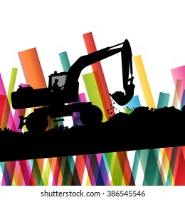 Excavator bulldozer industrial land digging machinery silhouette in abstract construction site business economy background vector concept illustration