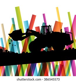Excavator bulldozer industrial land digging machinery silhouette in abstract construction site business economy background vector concept illustration
