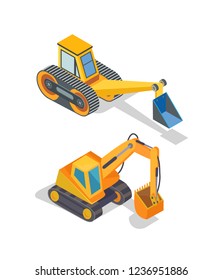 Excavator and bulldozer industrial machinery icons vector. Loader with shovel, excavation machine, backhoe device. Loader mechanical dredger mechanism