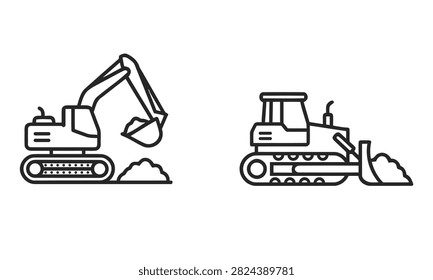 Excavator and Bulldozer Line Icon