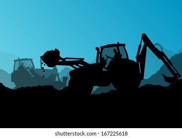 Excavator bulldozer loaders, tractors and workers digging at industrial construction site vector background illustration