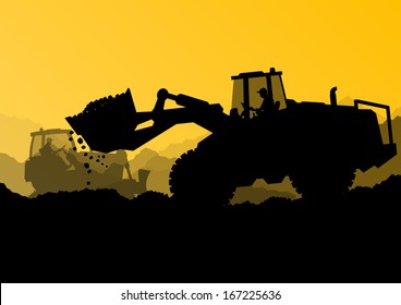 Excavator bulldozer loaders, tractors and workers digging at industrial construction site vector background illustration