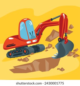 Excavator by road construction action Character Cartoon style vector 