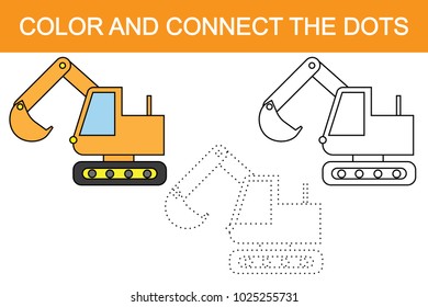 Excavator cartoon. Educational game for children. Color and connect the dots.